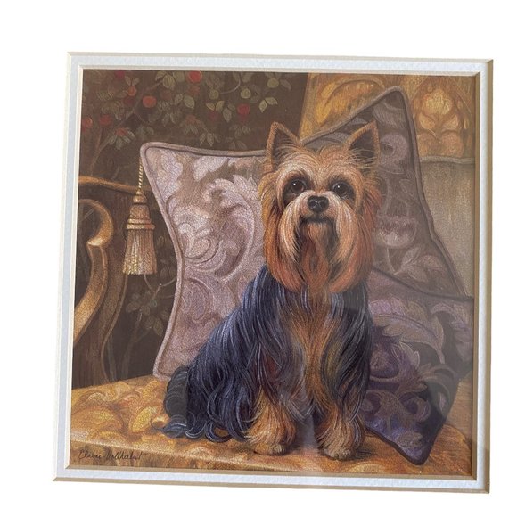 NY Artist Elaine Vollherbst Pampered Yorkie Dog Print Wood Frame Glass Art - Picture 6 of 10